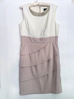 Connected Apparel Tan Blush & Ivory Dress Size 14 Pearl Neckline Tiered Sheath